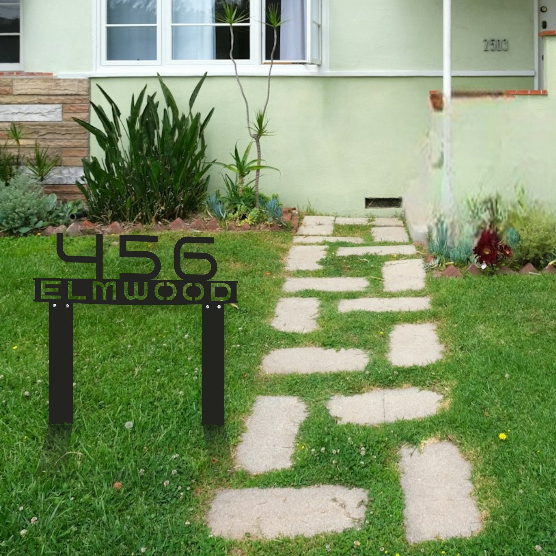 Custom Metal Address Sign with Stakes - Personalized Street Name Plaque, Outdoor Modern Address Sign with Street Name - House Number Plaque