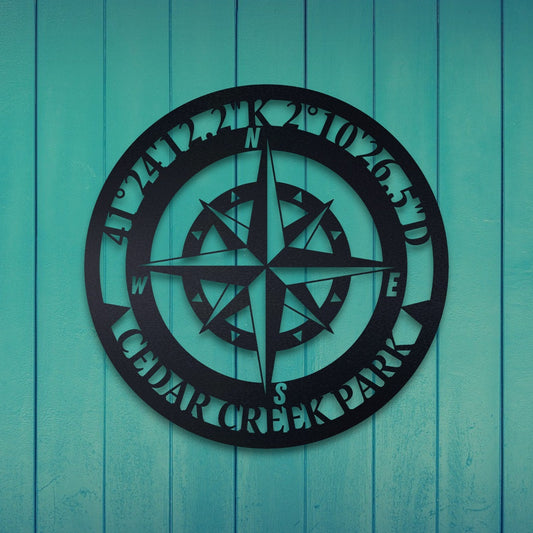 Personalized Compass Metal Wall Art, Metal Wall Art with GPS Coordinates, Custom Compass Metal Sign, Outdoor Metal Art, Compass Wall Decor