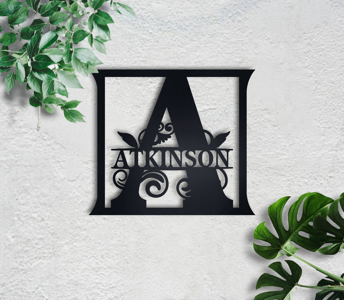 Custom Metal Name Sign, Personalized Metal Wall Art, Custom Family Name Sign, Metal Initial Door Hanger, Couple Gift, Stylish Leafy Sign