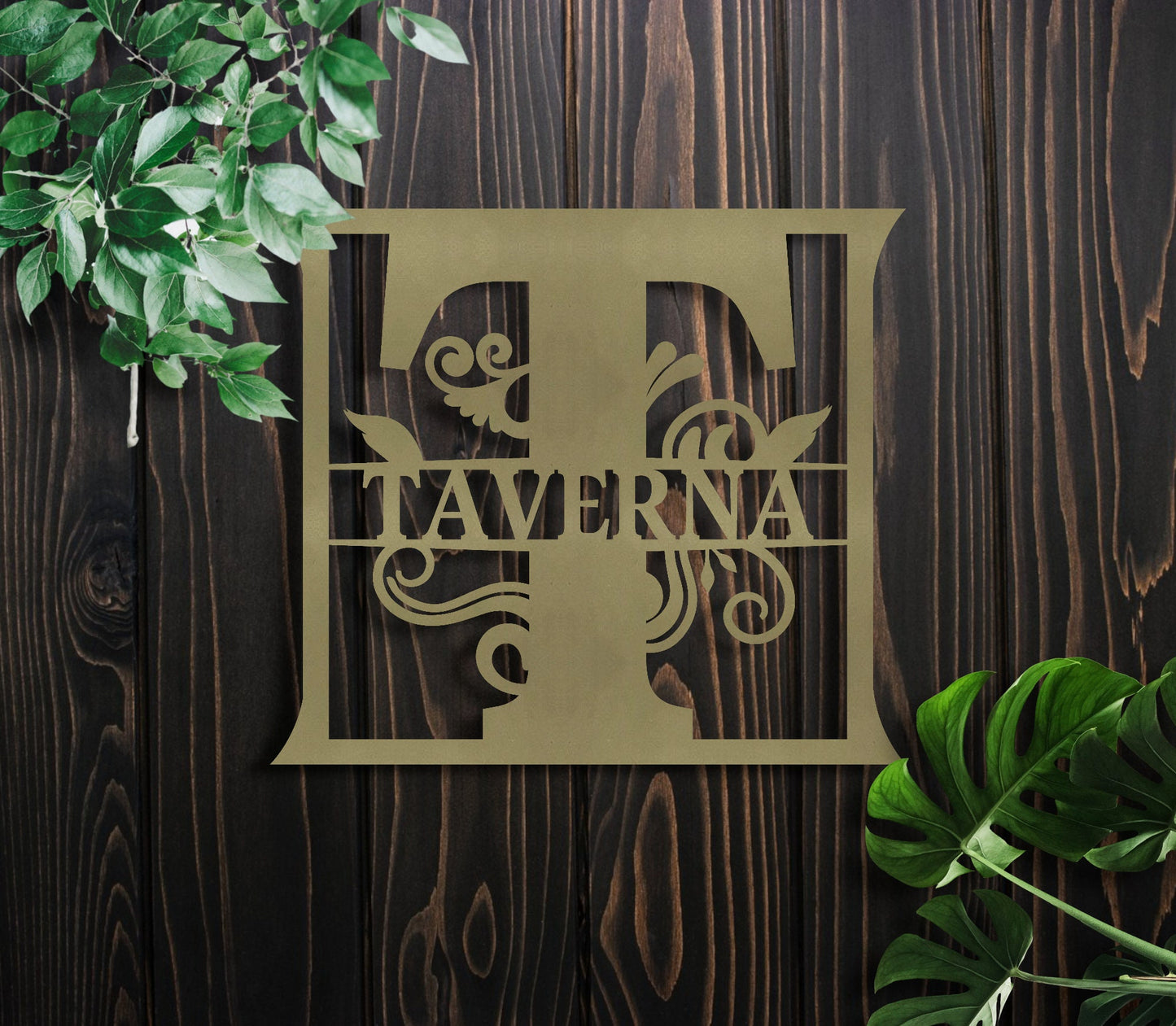 Custom Metal Name Sign, Personalized Metal Wall Art, Custom Family Name Sign, Metal Initial Door Hanger, Couple Gift, Stylish Leafy Sign