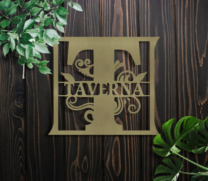 Custom Metal Name Sign, Personalized Metal Wall Art, Custom Family Name Sign, Metal Initial Door Hanger, Couple Gift, Stylish Leafy Sign