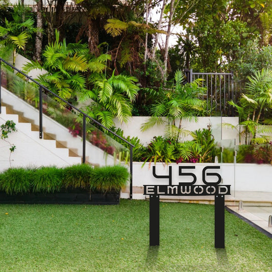Custom Metal Address Sign with Stakes - Personalized Street Name Plaque, Outdoor Modern Address Sign with Street Name - House Number Plaque