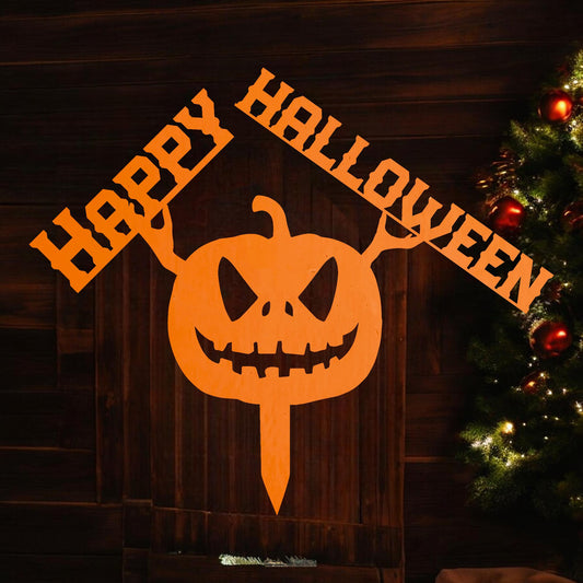 Handcrafted Metal Pumpkin Stake | Waterproof Halloween Yard Decor | Jack-O-Lantern Sign | Happy Halloween Sign | Rustic Wall Decor | Spooky