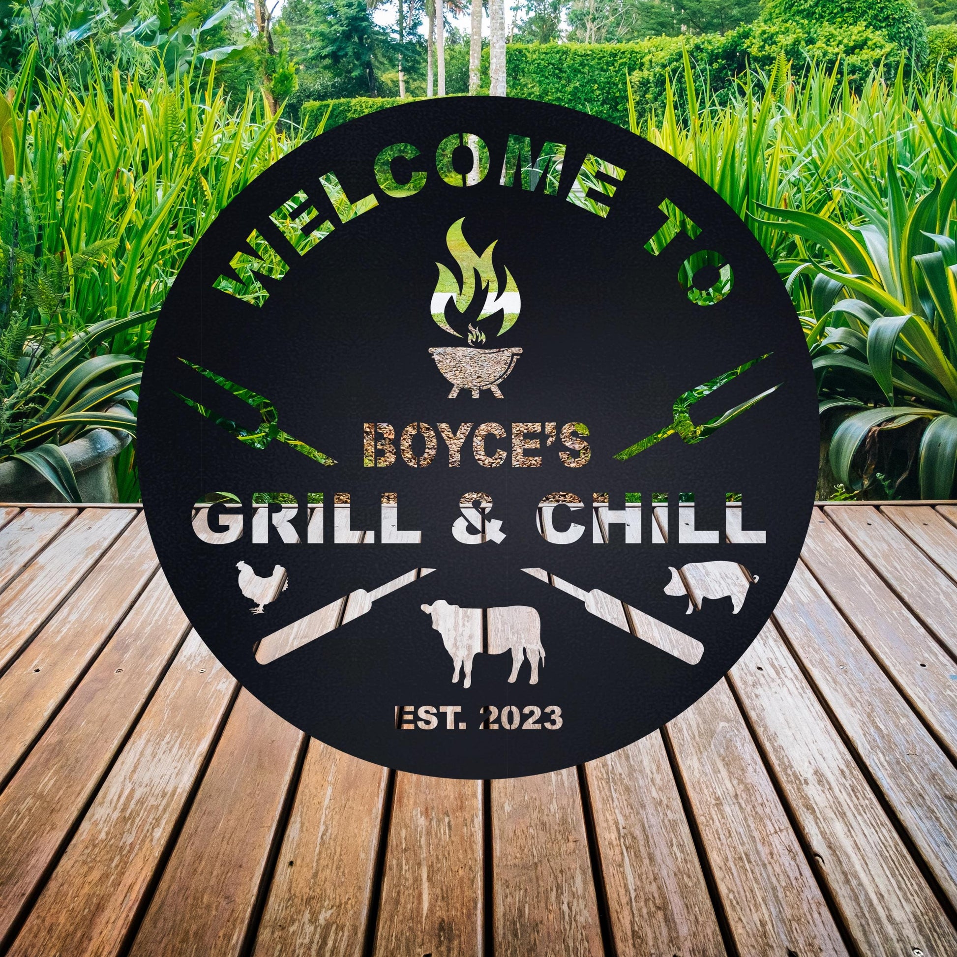 Custom Bar Sign, Bar & Grill Sign, BBQ Signs, Backyard Sign, Outdoor Decor, Metal Wall Art, Personalized Patio Sign