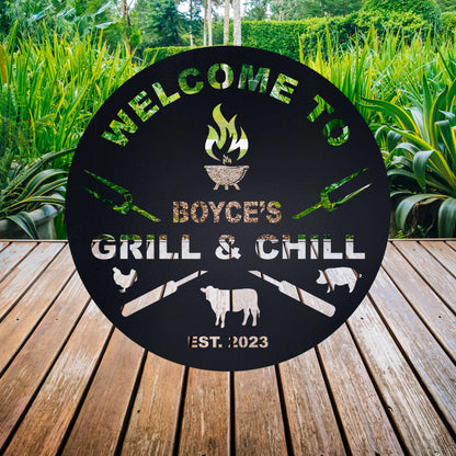 Bar & Grill Sign, BBQ Signs, Custom Bar Sign, Backyard Sign, Outdoor Decor, Metal Wall Art, Personalized Patio Sign