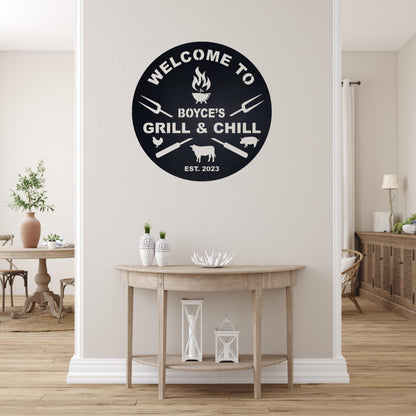 Bar & Grill Sign, BBQ Signs, Custom Bar Sign, Backyard Sign, Outdoor Decor, Metal Wall Art, Personalized Patio Sign