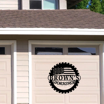 Custom Metal Workshop Sign with US Flag,  American Flag Gift, Personalized Garage Sign, Outdoor Waterproof Store Sign, Gift for Dad