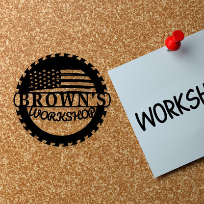 Custom Metal Workshop Sign with US Flag,  American Flag Gift, Personalized Garage Sign, Outdoor Waterproof Store Sign, Gift for Dad
