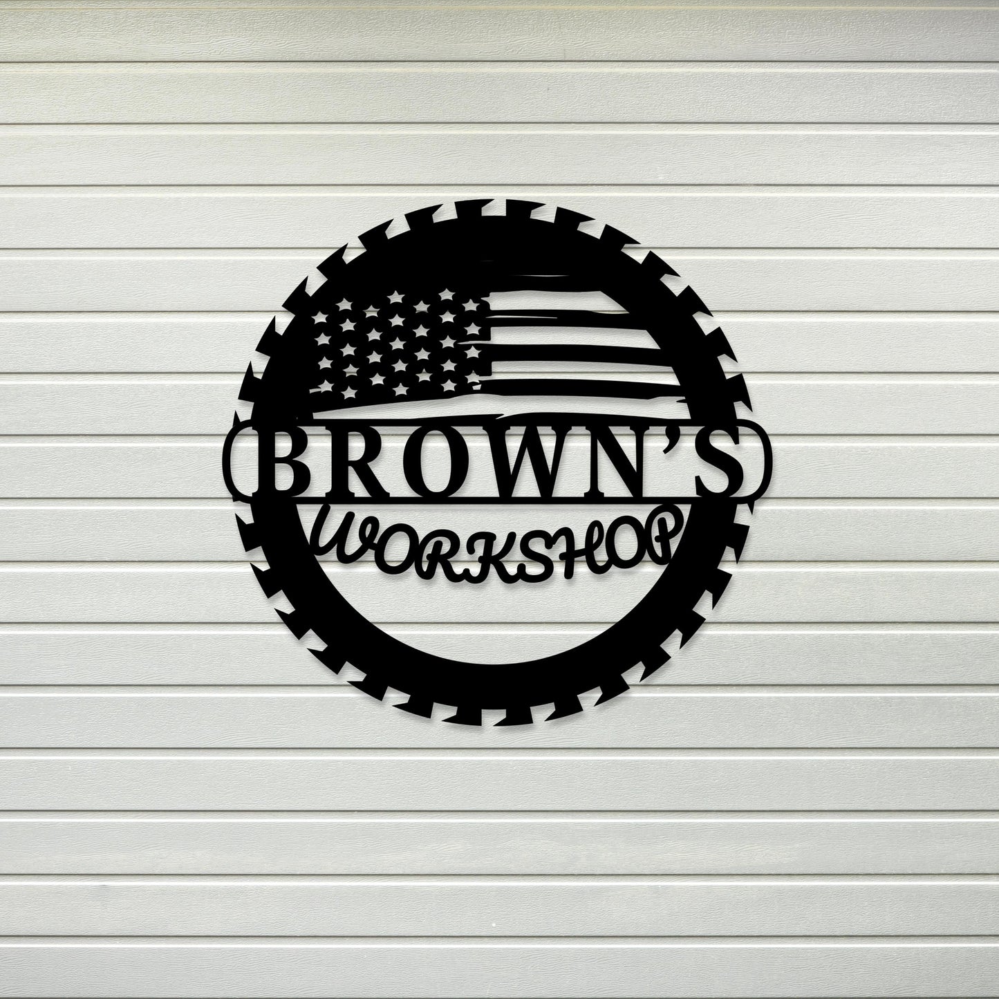 Custom Metal Workshop Sign with US Flag,  American Flag Gift, Personalized Garage Sign, Outdoor Waterproof Store Sign, Gift for Dad