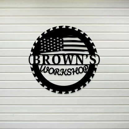 Custom Metal Workshop Sign with US Flag,  American Flag Gift, Personalized Garage Sign, Outdoor Waterproof Store Sign, Gift for Dad