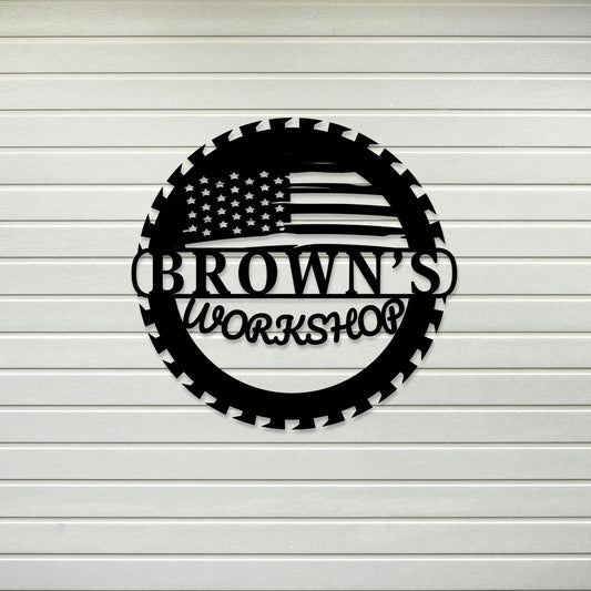 Custom Metal Workshop Sign with US Flag,  American Flag Gift, Personalized Garage Sign, Outdoor Waterproof Store Sign, Gift for Dad