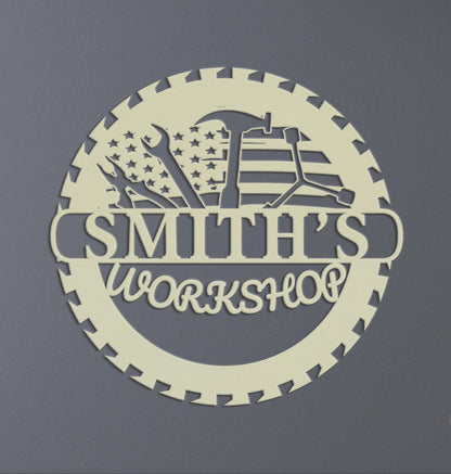 Personalized Metal Workshop Garage Sign with US Flag,  American Flag Sign, Custom Garage Sign, Gift for Dad Grandpa, Veteran Gifts