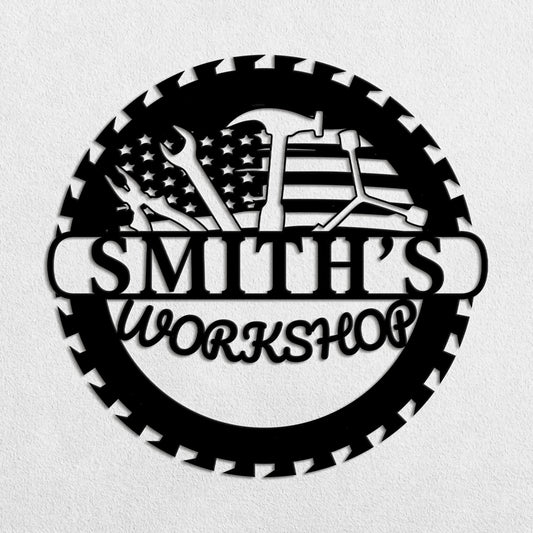 Personalized Metal Workshop Garage Sign with US Flag,  American Flag Sign, Custom Garage Sign, Gift for Dad Grandpa, Veteran Gifts