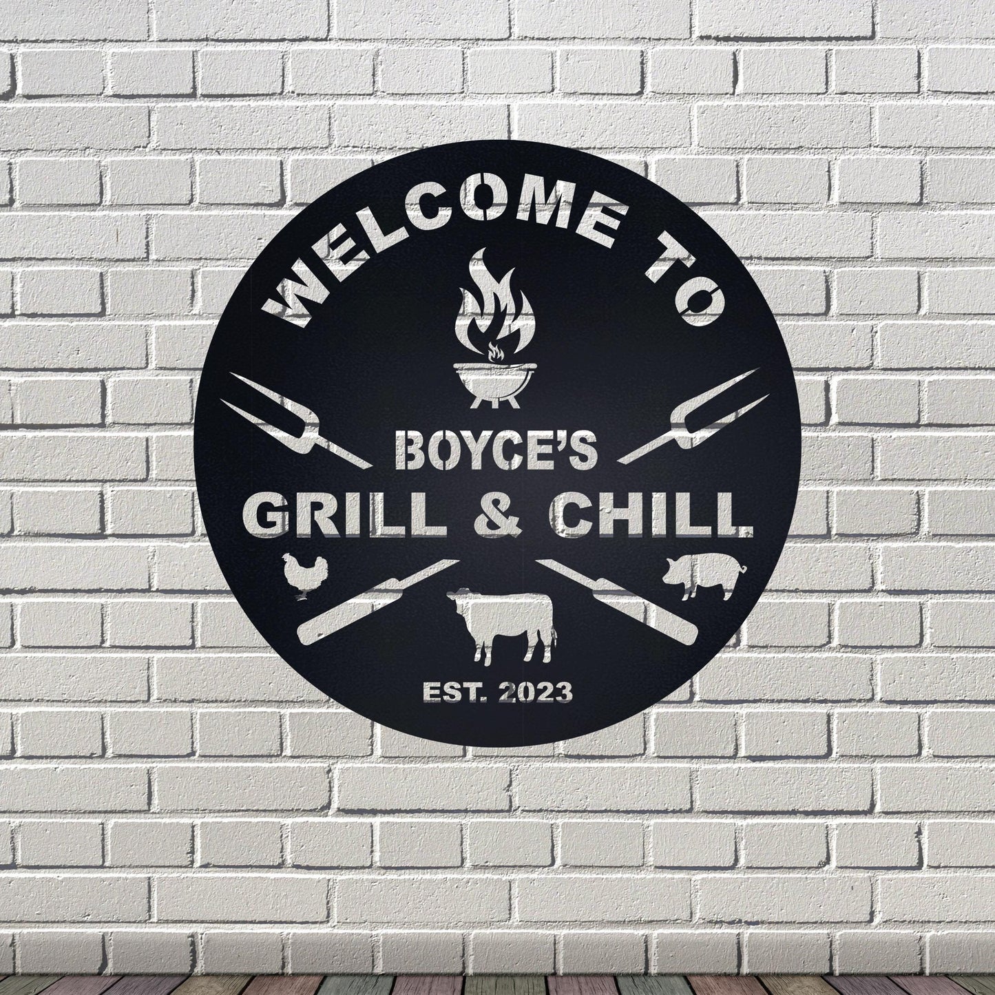 Bar & Grill Sign, BBQ Signs, Custom Bar Sign, Backyard Sign, Outdoor Decor, Metal Wall Art, Personalized Patio Sign