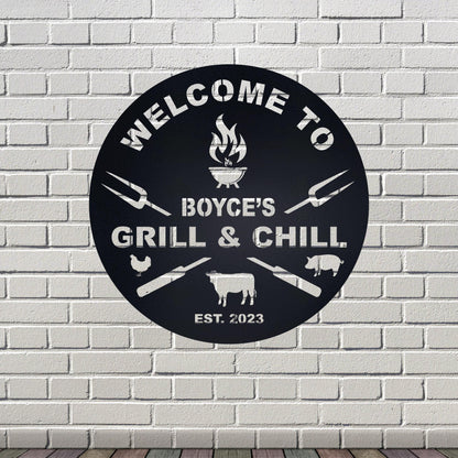 Bar & Grill Sign, BBQ Signs, Custom Bar Sign, Backyard Sign, Outdoor Decor, Metal Wall Art, Personalized Patio Sign
