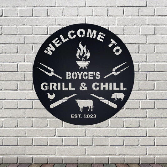 Bar & Grill Sign, BBQ Signs, Custom Bar Sign, Backyard Sign, Outdoor Decor, Metal Wall Art, Personalized Patio Sign