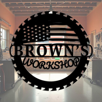 Custom Metal Workshop Sign with US Flag,  American Flag Gift, Personalized Garage Sign, Outdoor Waterproof Store Sign, Gift for Dad Grandpa