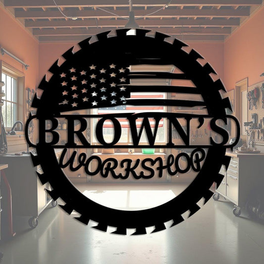 Custom Metal Workshop Sign with US Flag,  American Flag Gift, Personalized Garage Sign, Outdoor Waterproof Store Sign, Gift for Dad Grandpa