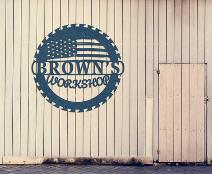 Custom Metal Workshop Sign with US Flag,  American Flag Gift, Personalized Garage Sign, Outdoor Waterproof Store Sign, Gift for Dad Grandpa