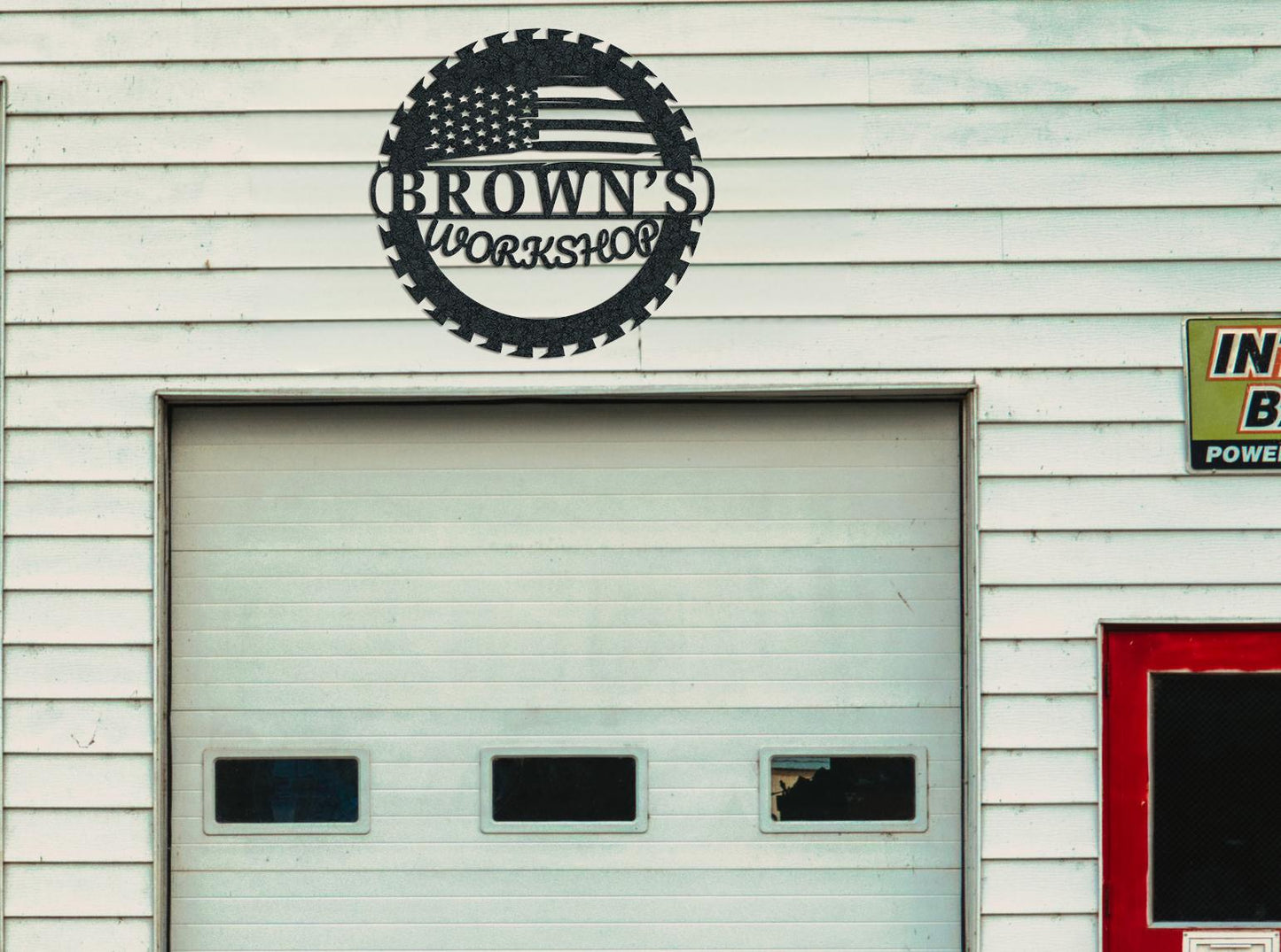 Custom Metal Workshop Sign with US Flag,  American Flag Gift, Personalized Garage Sign, Outdoor Waterproof Store Sign, Gift for Dad Grandpa