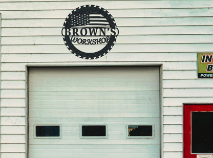 Custom Metal Workshop Sign with US Flag,  American Flag Gift, Personalized Garage Sign, Outdoor Waterproof Store Sign, Gift for Dad Grandpa