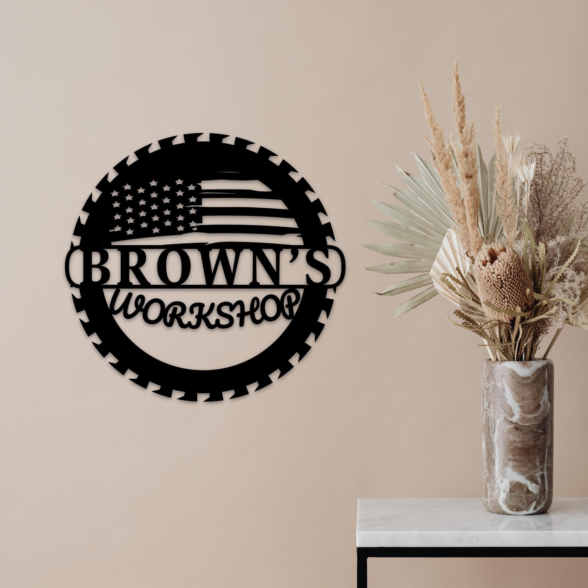 Custom Metal Workshop Sign with US Flag,  American Flag Gift, Personalized Garage Sign, Outdoor Waterproof Store Sign, Gift for Dad