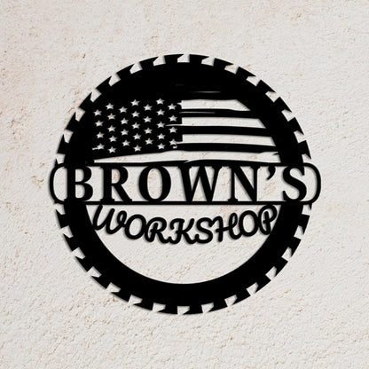 Custom Metal Workshop Sign with US Flag,  American Flag Gift, Personalized Garage Sign, Outdoor Waterproof Store Sign, Gift for Dad Grandpa