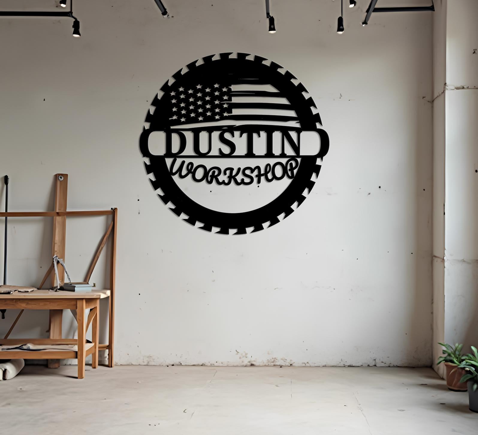 Custom Metal Workshop Garage Sign with US Flag, American Flag Sign, Personalized Gift for Dad Grandpa, Veteran Gifts