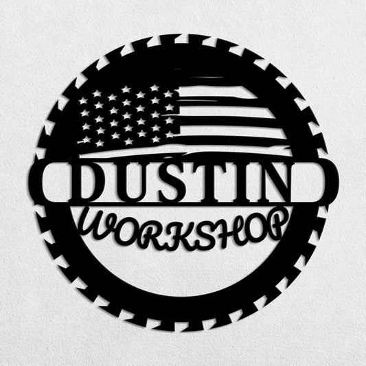 Custom Metal Workshop Garage Sign with US Flag, American Flag Sign, Personalized Gift for Dad Grandpa, Veteran Gifts